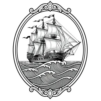Ship in an Oval Frame, Illustrative tattoo flash design