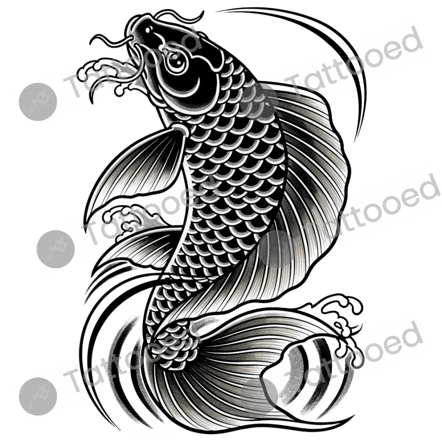 Black Koi, traditional tattoo flash design