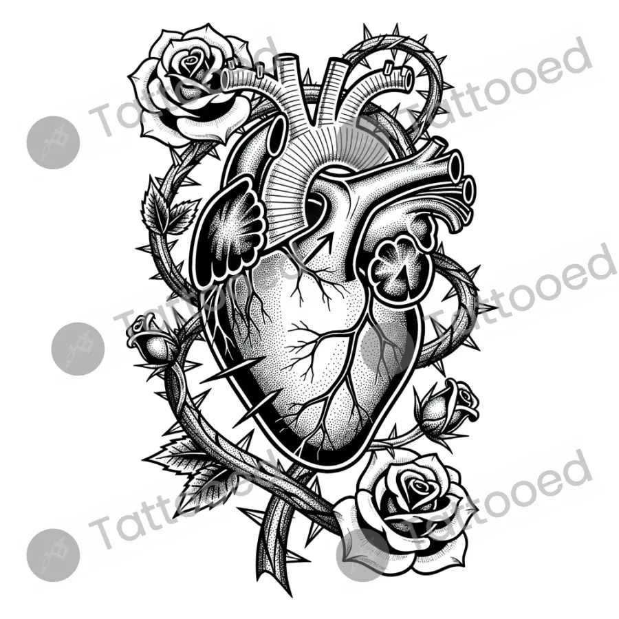 Anatomical Heart with Thorns, blackwork tattoo flash design