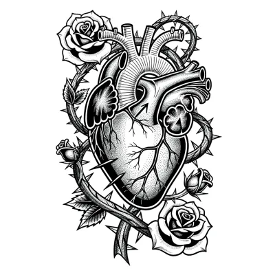 Anatomical Heart with Thorns, Blackwork tattoo flash design