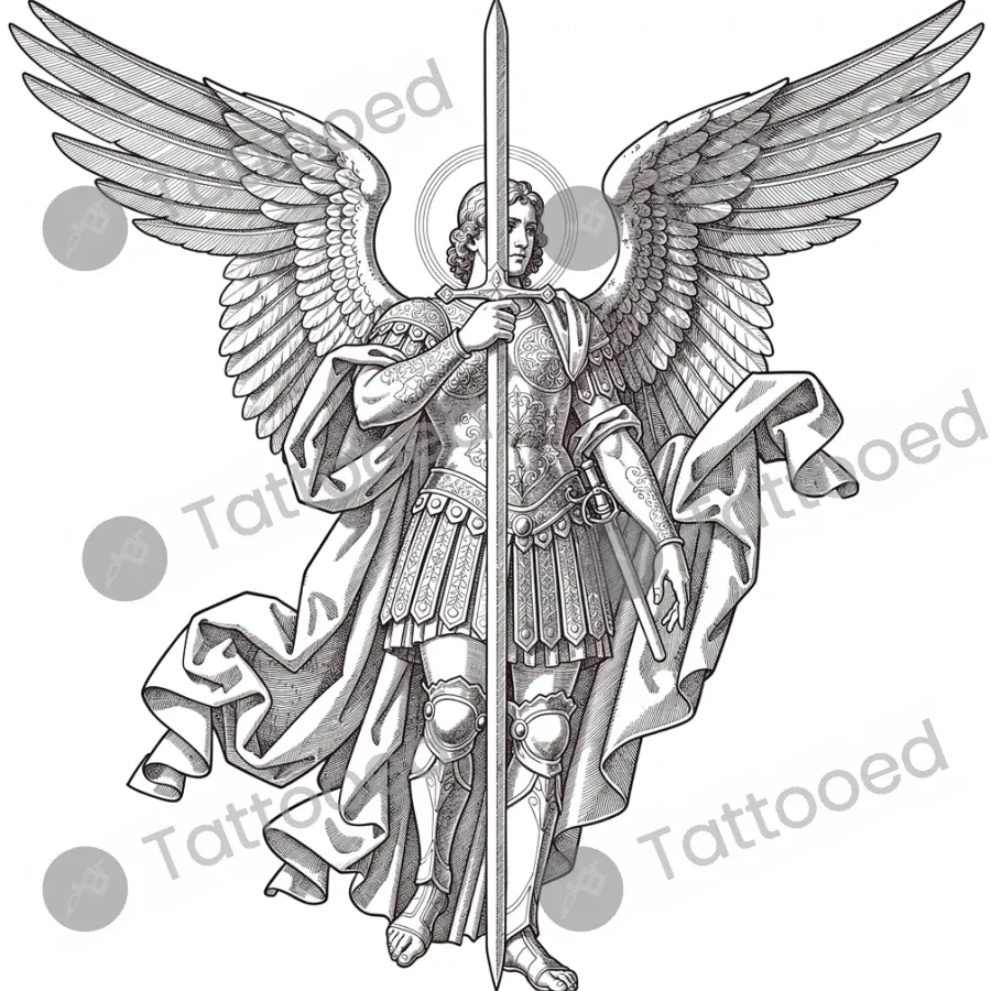 Archangel Michael, fine line tattoo flash design