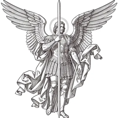 Archangel Michael, Fine Line tattoo flash design