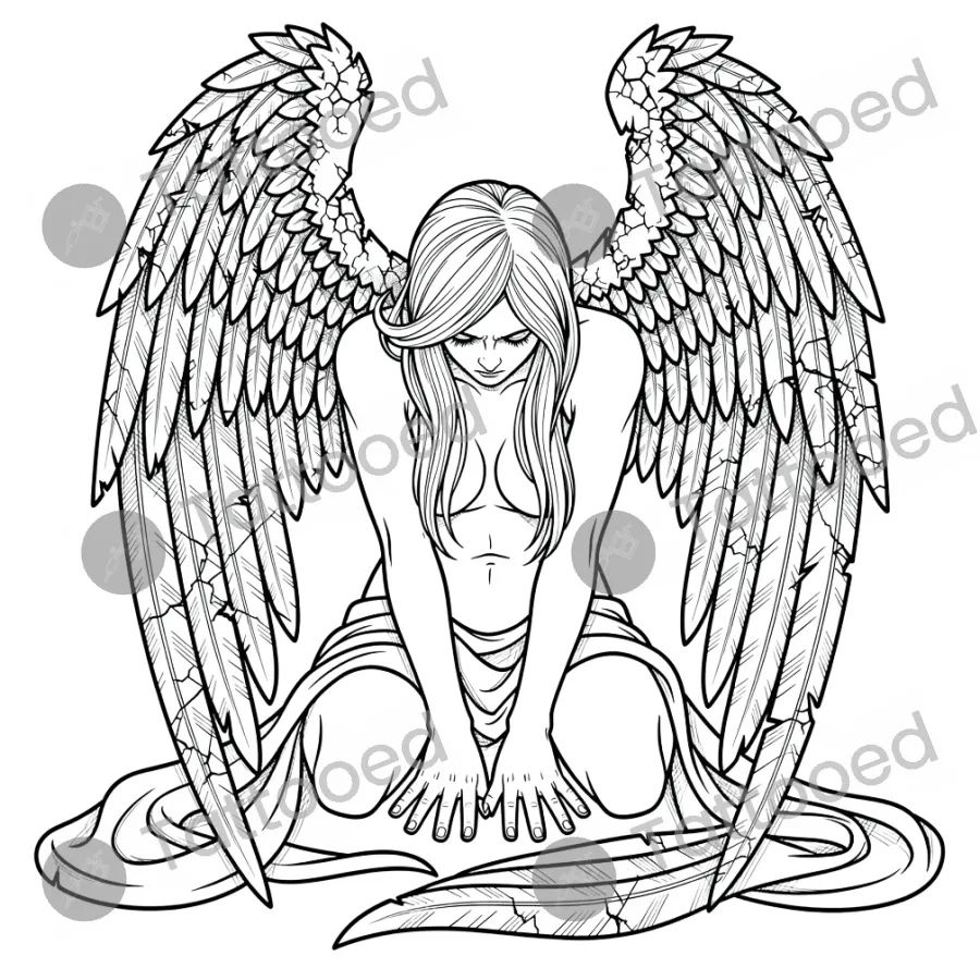 Fallen Angel, fine line tattoo flash design