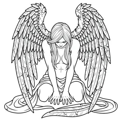 Fallen Angel, Fine Line tattoo flash design