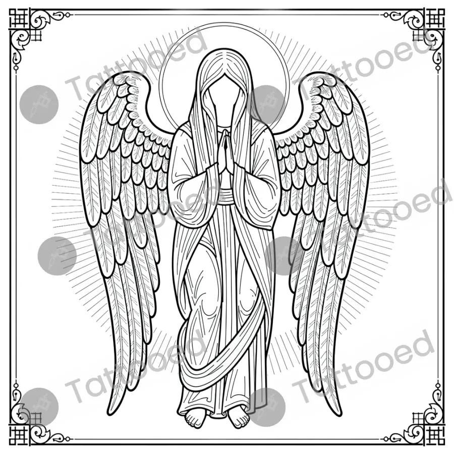 Seraphim (Six-Winged Angel), fine line tattoo flash design