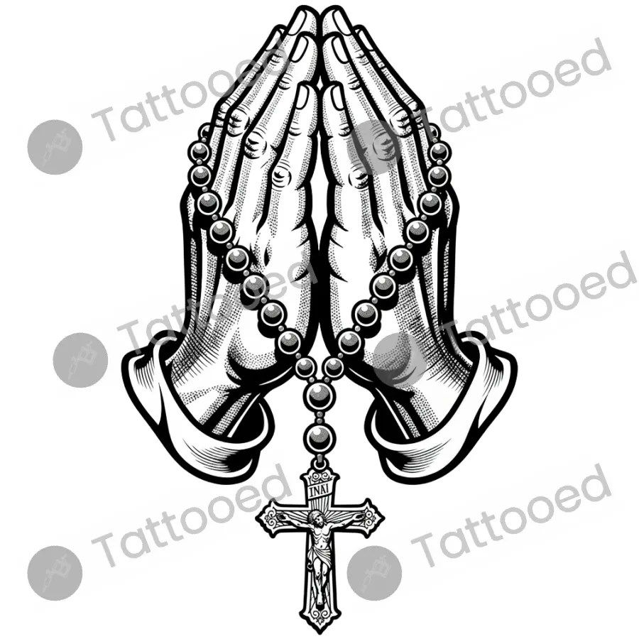 Praying Hands with Rosary, blackwork tattoo flash design