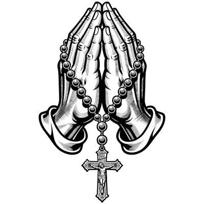 Praying Hands with Rosary, Blackwork tattoo flash design