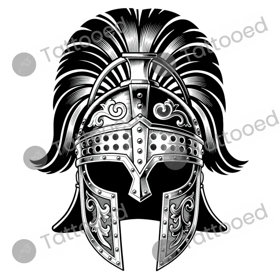 Roman Gladiator Helmet, blackwork tattoo flash design