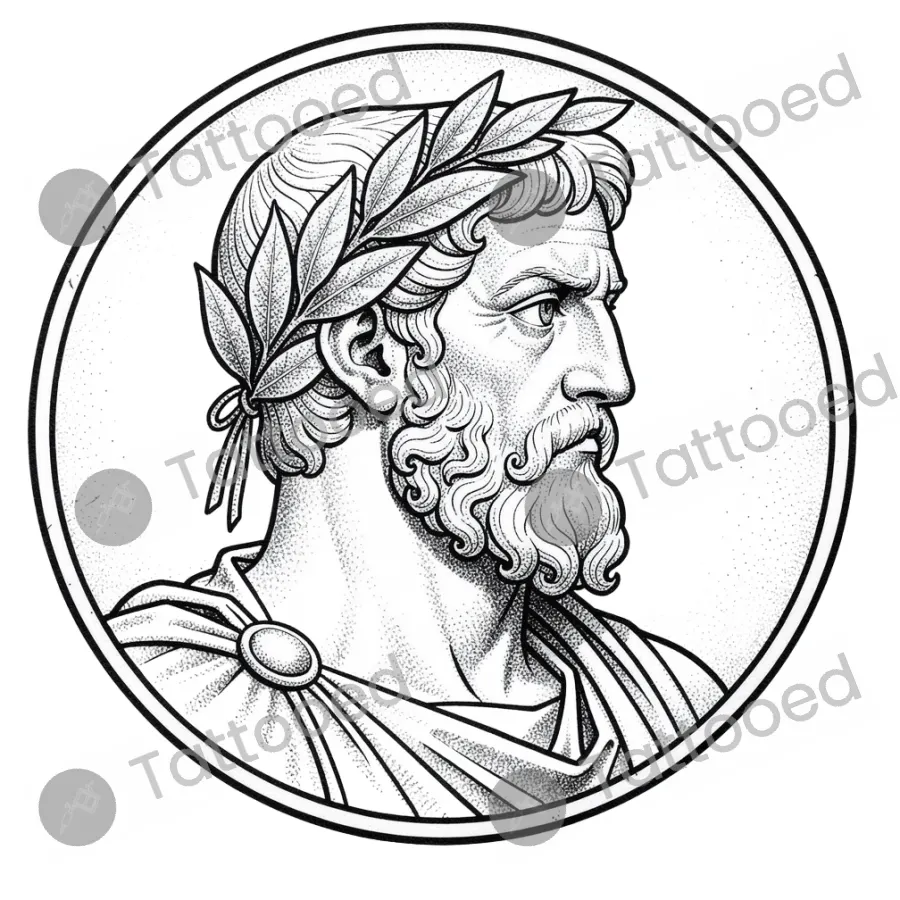 Stoic Marcus Aurelius Portrait, fine line tattoo flash design