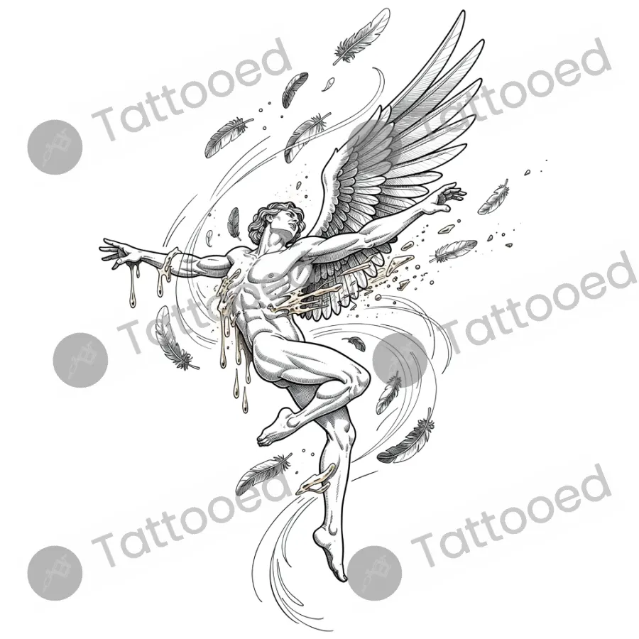 Icarus Falling, fine line tattoo flash design