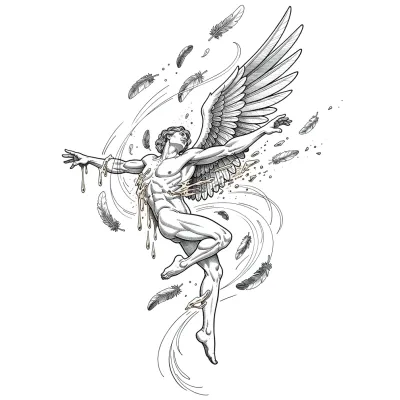Icarus Falling, Fine Line tattoo flash design