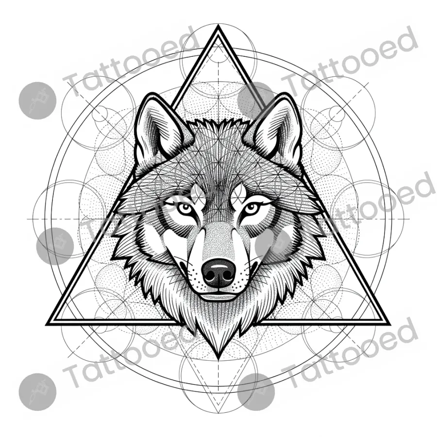 Wolf in Sacred Geometry, fine line tattoo flash design