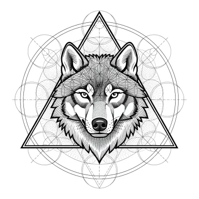 Wolf in Sacred Geometry, Fine Line tattoo flash design