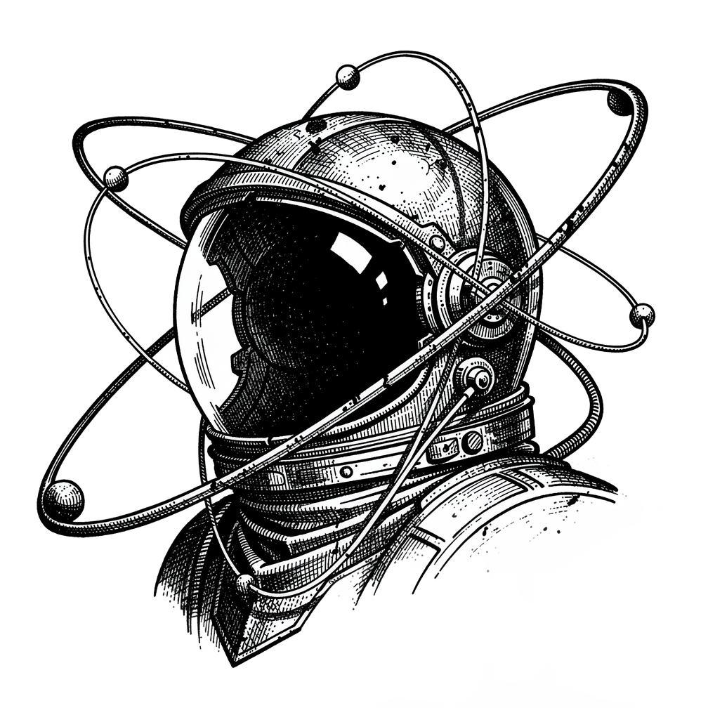 Astronaut & Solar System, fine line tattoo flash design