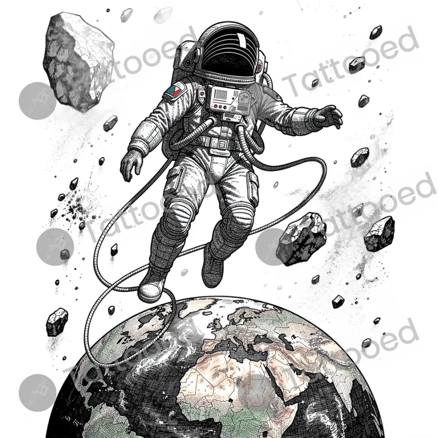 Floating Astronaut, fine line tattoo flash design
