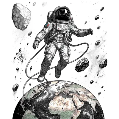 Floating Astronaut, Fine Line tattoo flash design