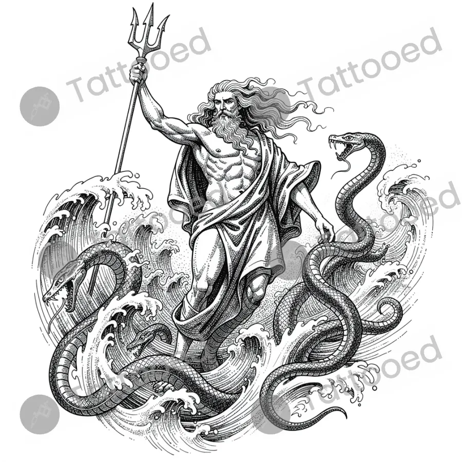 Poseidon, fine line tattoo flash design