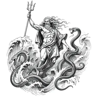 Poseidon, Fine Line tattoo flash design
