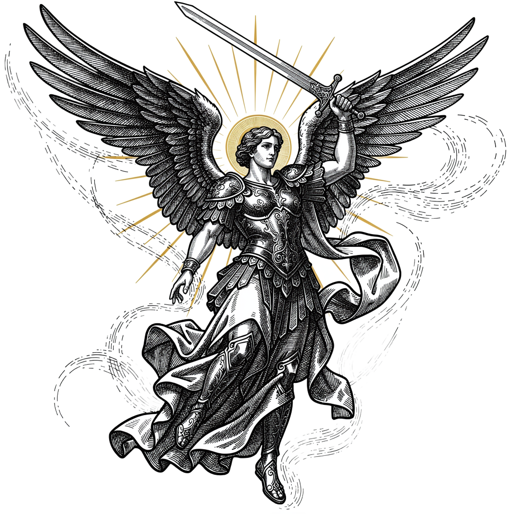 Archangel with Gold Halo, fine line tattoo flash design