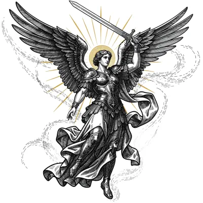 Archangel with Gold Halo, Fine Line tattoo flash design