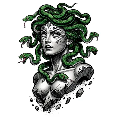 Medusa with Green Serpents, Neo-Traditional tattoo flash design