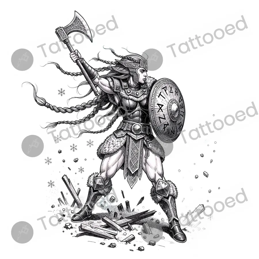 Norse Viking Shield Maiden, fine line tattoo flash design