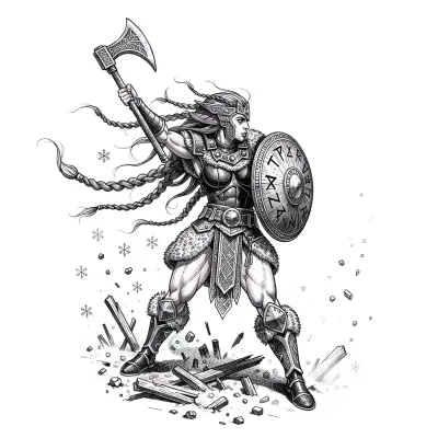 Norse Viking Shield Maiden, Fine Line tattoo flash design