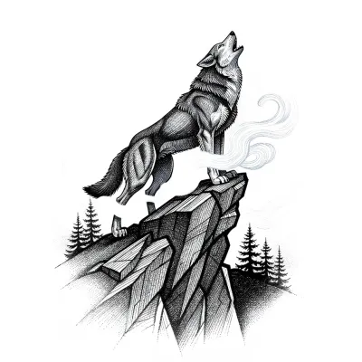 Wolf Howling at Full Moon, Fine Line tattoo flash design