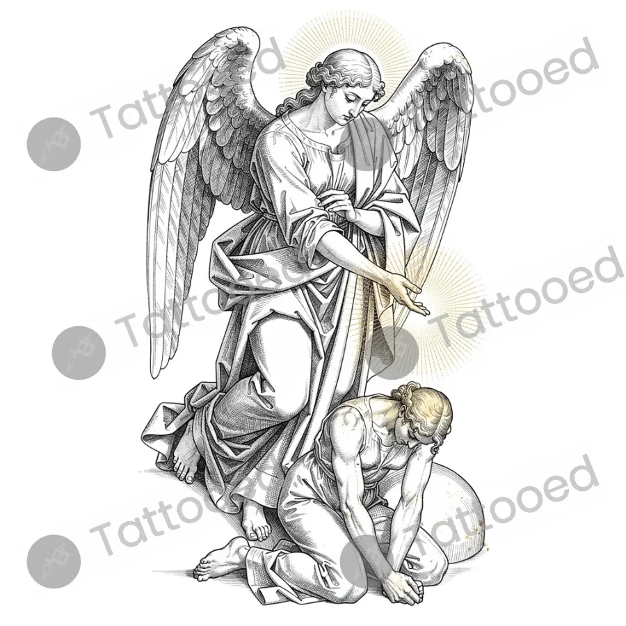 Healing Angel with Caduceus, fine line tattoo flash design