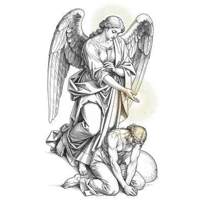 Healing Angel with Caduceus, Fine Line tattoo flash design