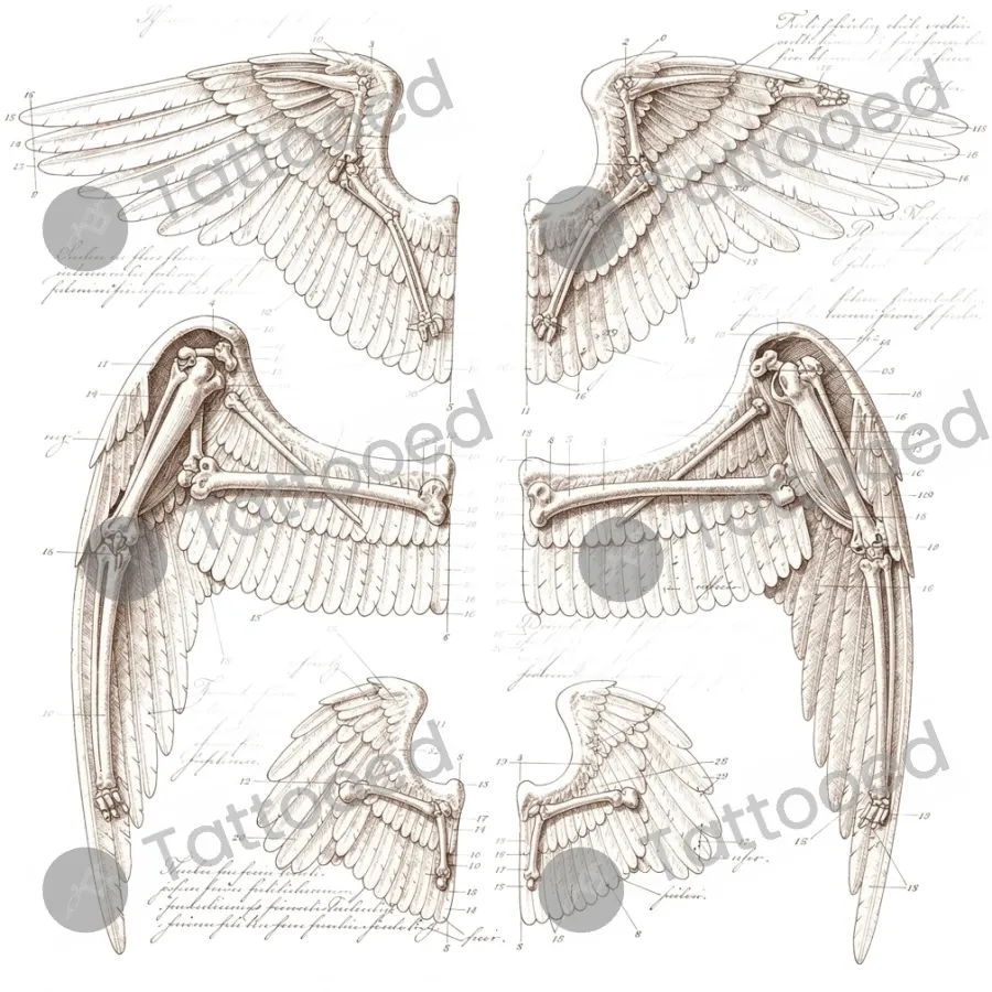 Anatomical Angel Sketch, fine line tattoo flash design