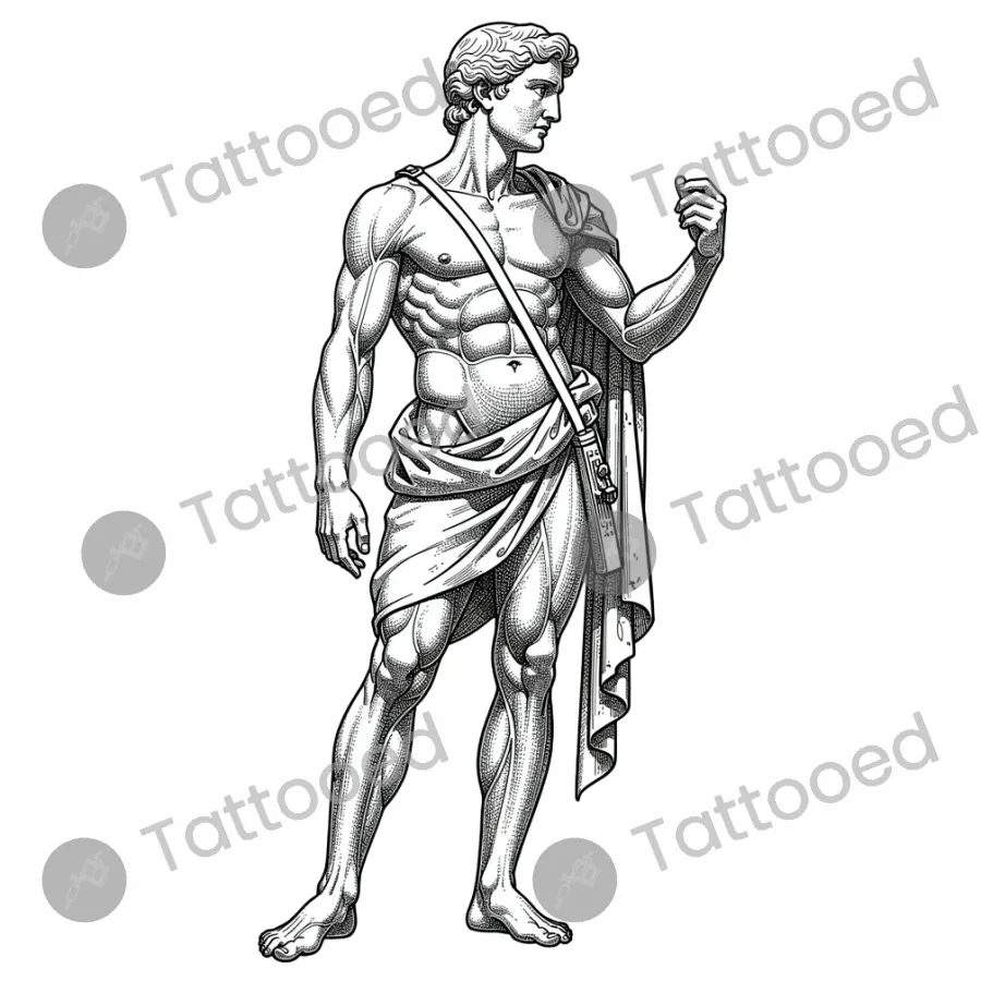 Classical Marble Warrior, fine line tattoo flash design