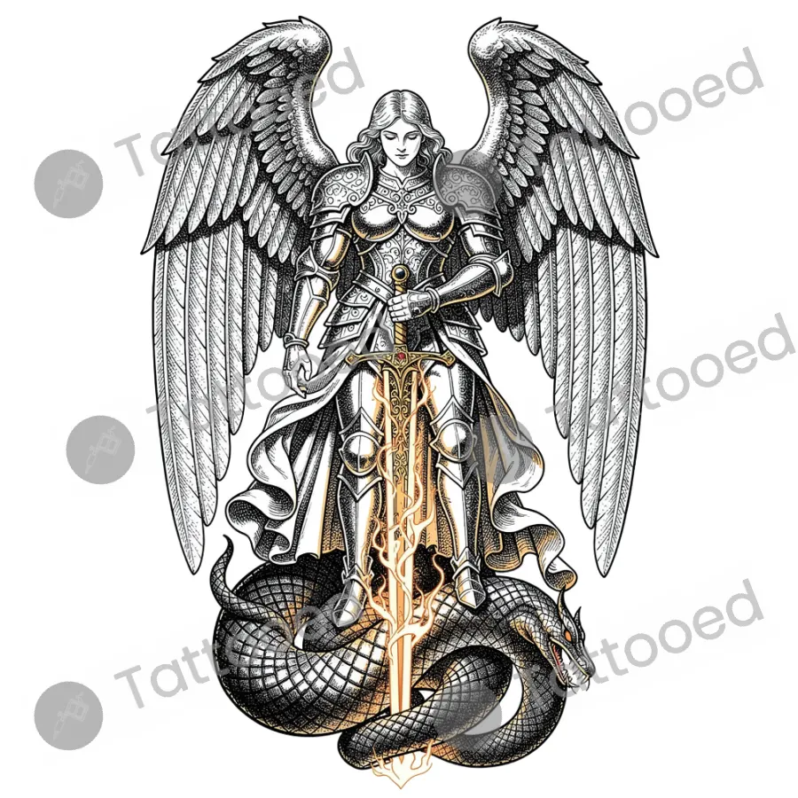 Armored Angel Vanquishing Serpent, fine line tattoo flash design