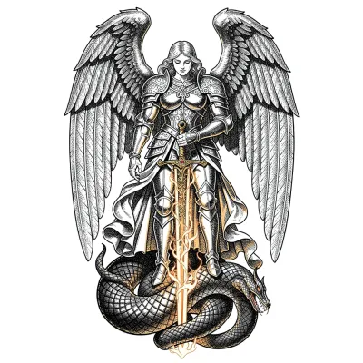 Armored Angel Vanquishing Serpent, Fine Line tattoo flash design
