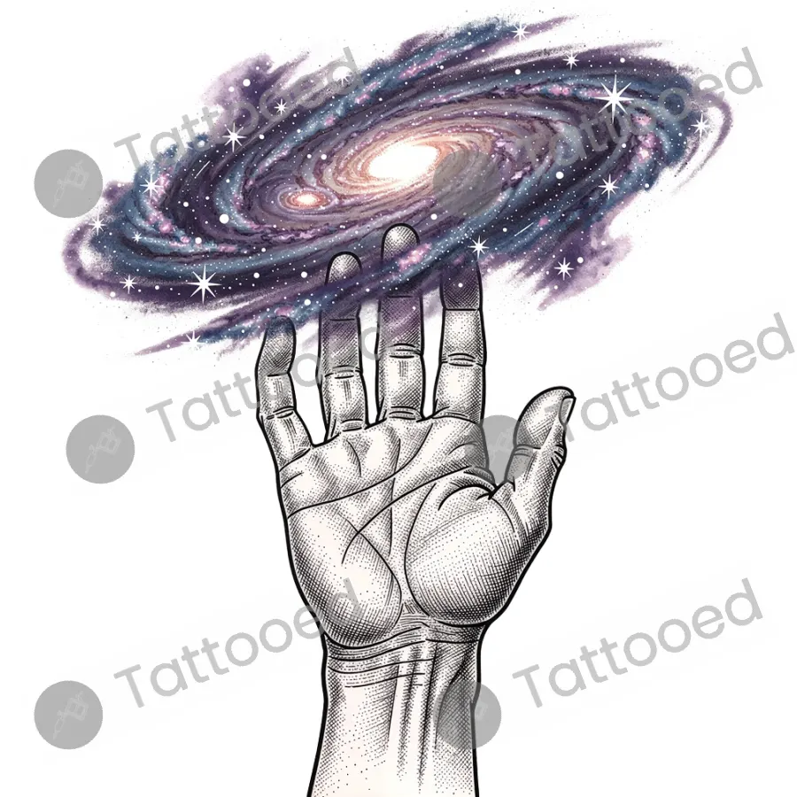 Creation Hand with Galaxy, fine line tattoo flash design