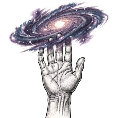 Creation Hand with Galaxy, Fine Line tattoo flash design