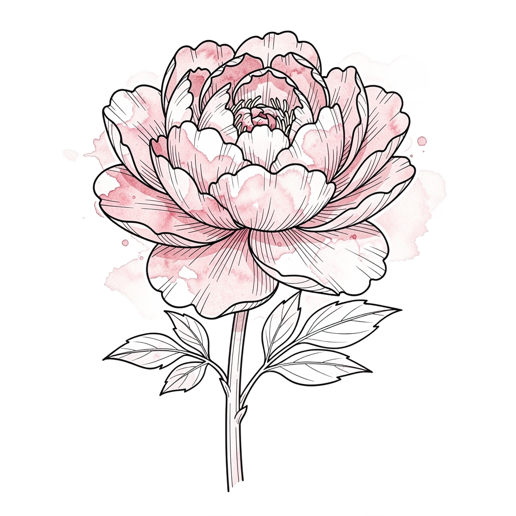 Peony with Blush Wash, fine line tattoo flash design