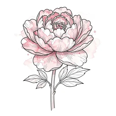 Peony with Blush Wash, Fine Line tattoo flash design