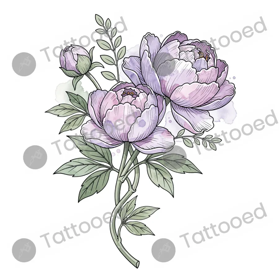 Peony Cluster with Lavender, fine line tattoo flash design