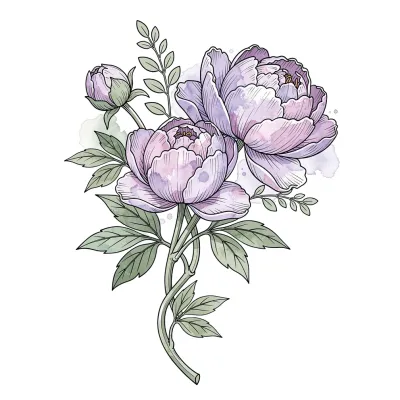 Peony Cluster with Lavender, Fine Line tattoo flash design