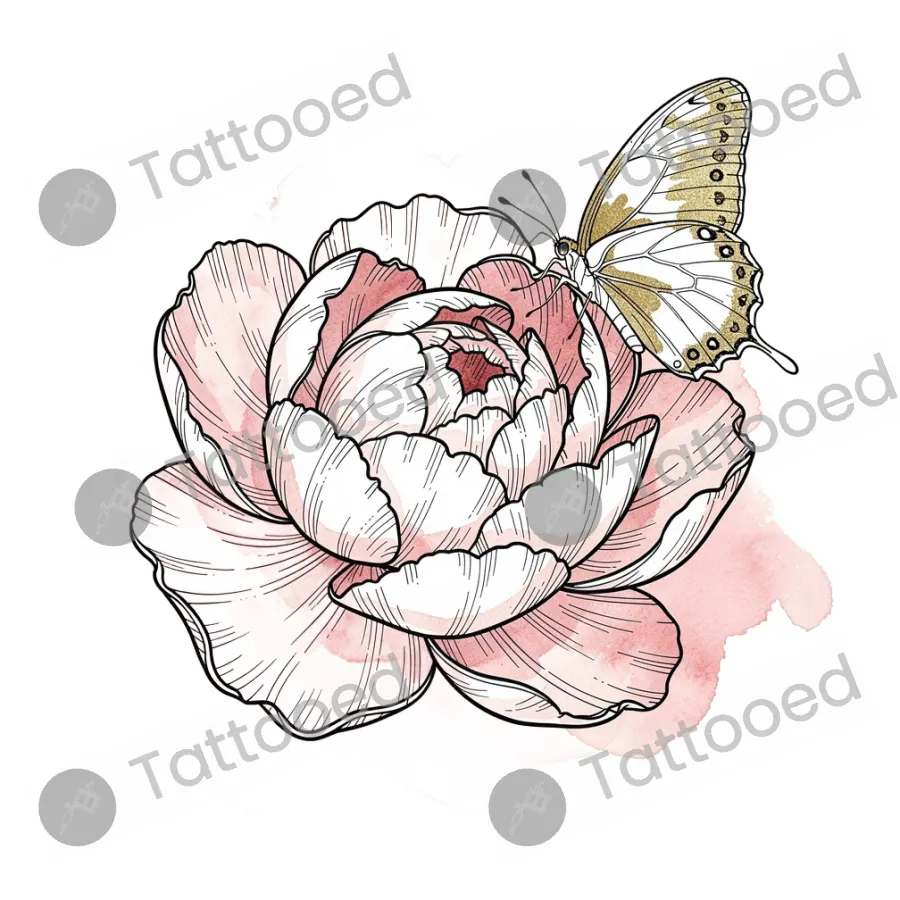 Peony and Butterfly, fine line tattoo flash design
