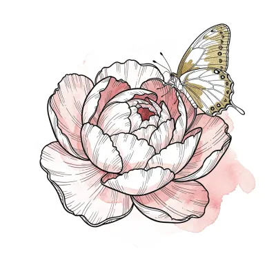 Peony and Butterfly, Fine Line tattoo flash design