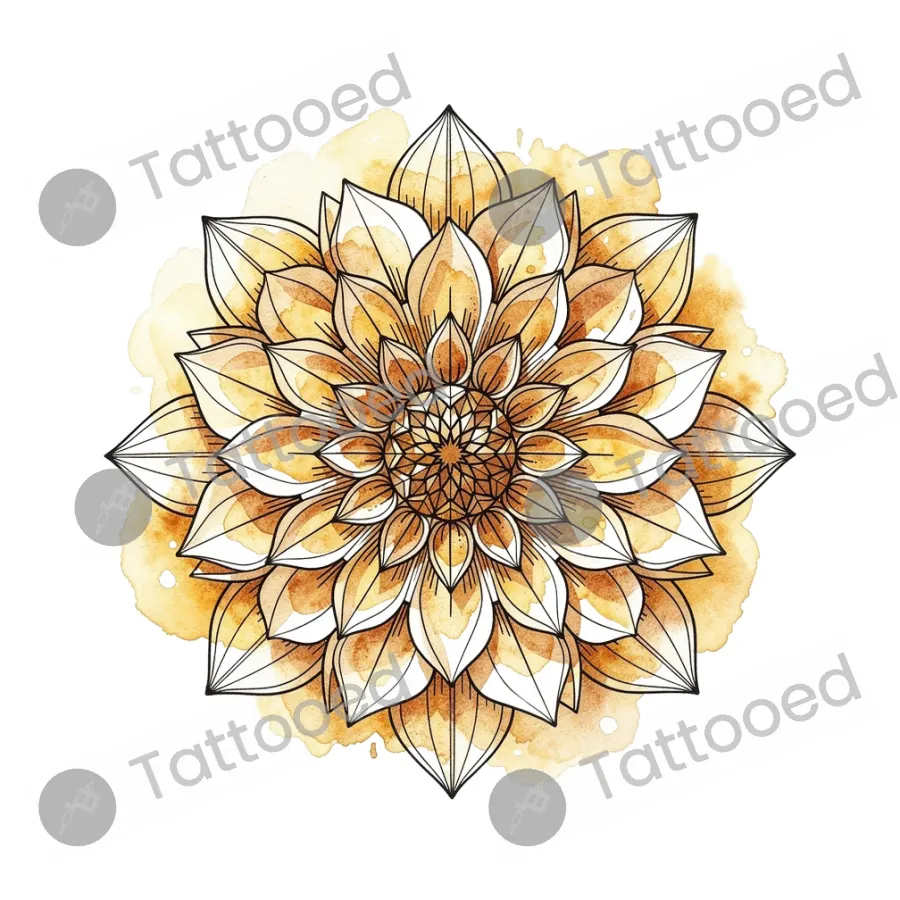 Dahlia with Amber Wash, fine line tattoo flash design