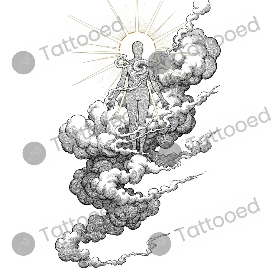 Soul Ascending Through Clouds, fine line tattoo flash design