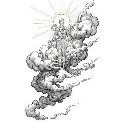 Soul Ascending Through Clouds, Fine Line tattoo flash design
