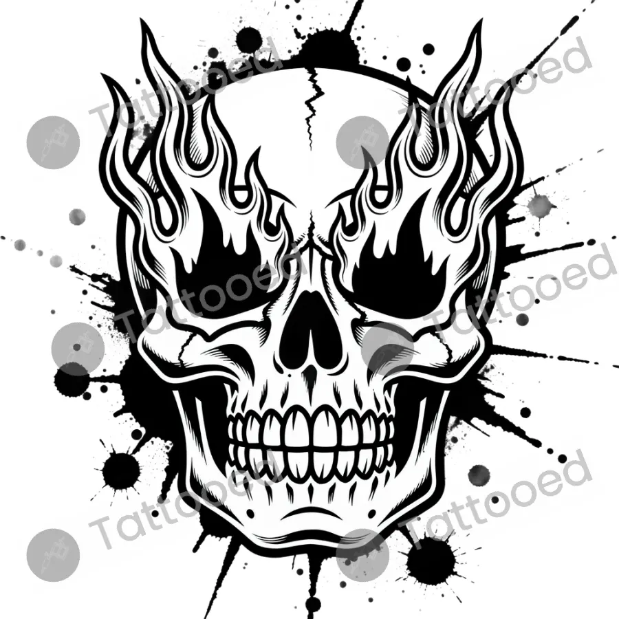 Flaming Skull, blackwork tattoo flash design