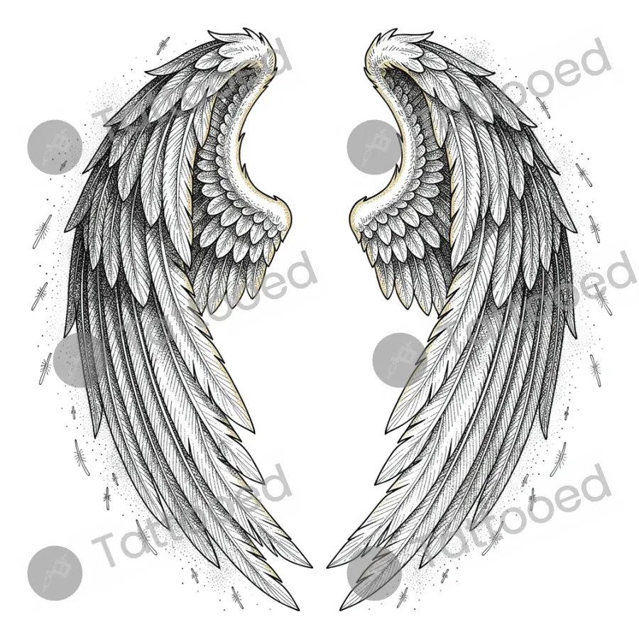 Angel Wings Embracing, fine line tattoo flash design