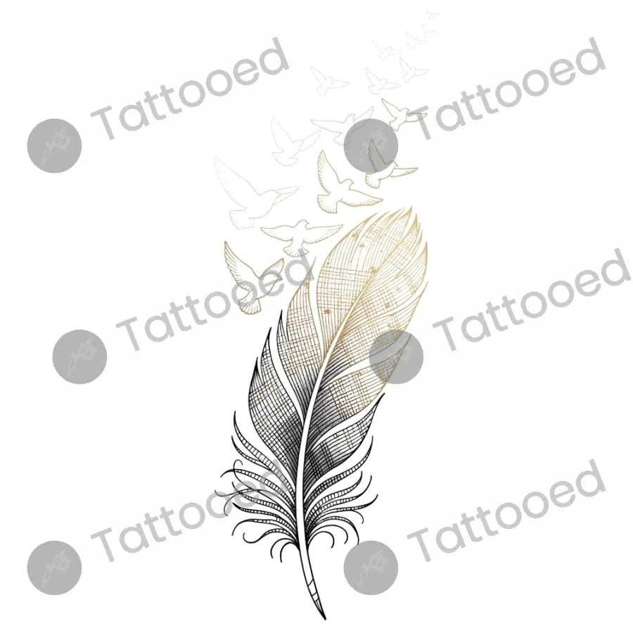 Feather Transforming into Birds, fine line tattoo flash design