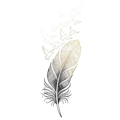 Feather Transforming into Birds, Fine Line tattoo flash design