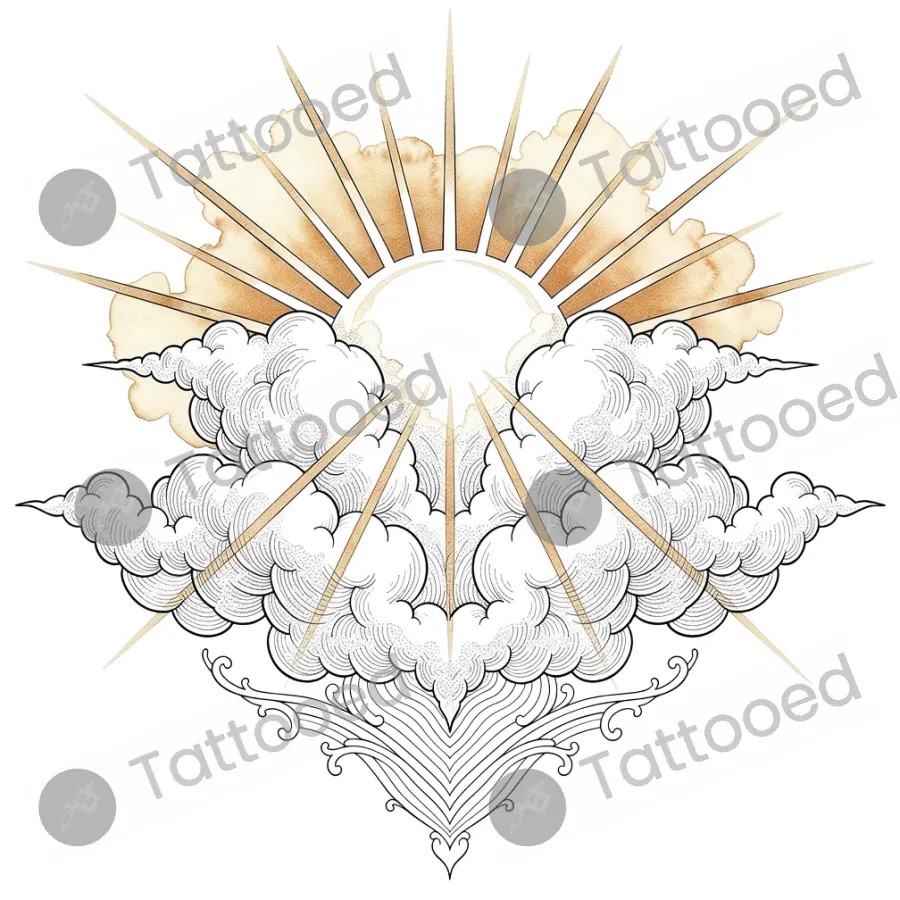 Clouds with Sun Rays, fine line tattoo flash design